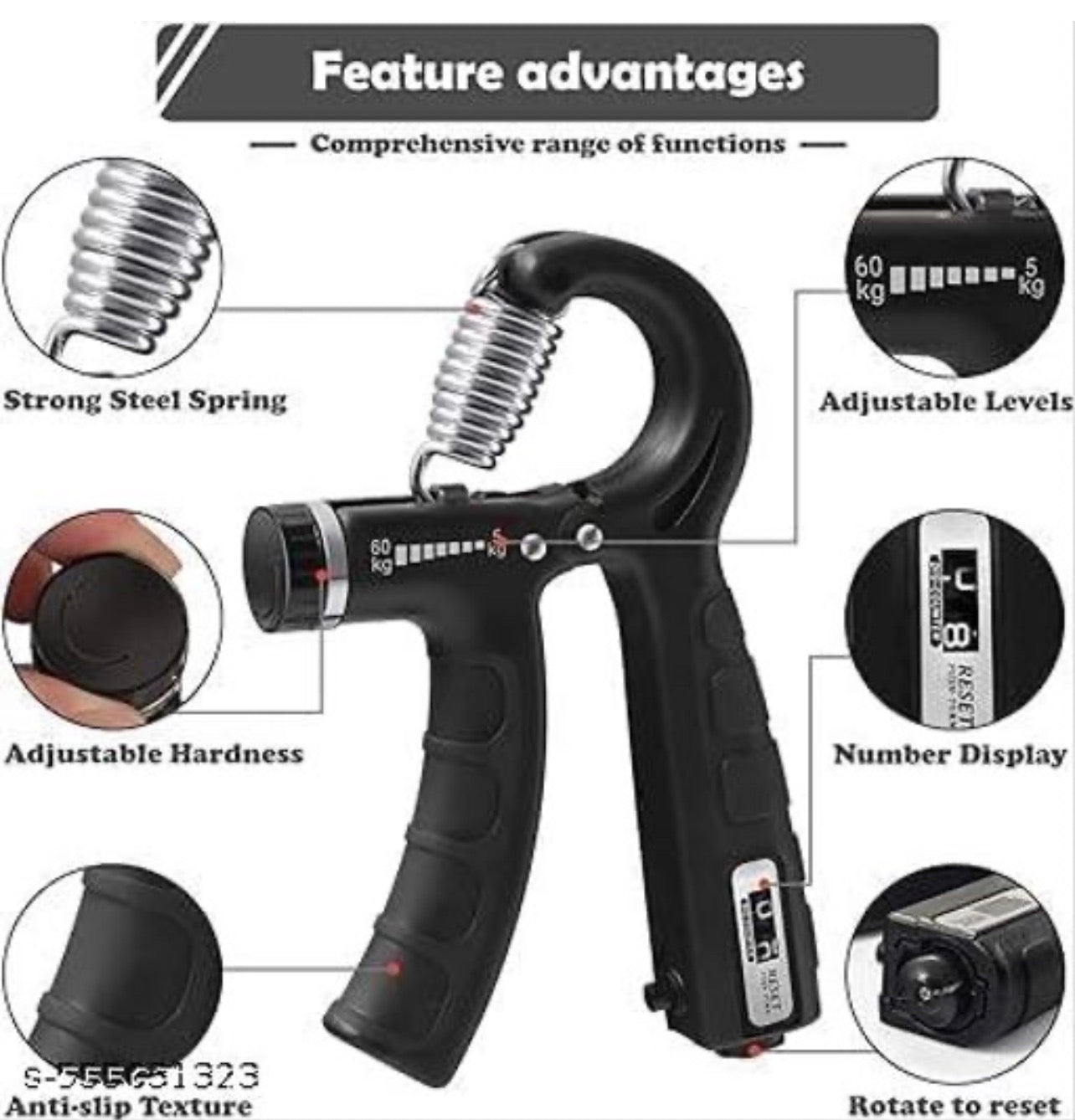 Fluxy™ Pro-Grip Adjustable Hand Strengthener | 5kg–60kg Resistance with Integrated Rep Counter